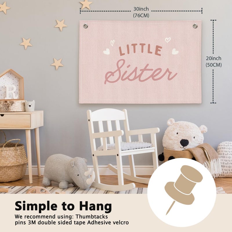 ETVISO Pink Little Sister Girls Room Decor - Linen Banner Wall Hanging Canvas Banner Flag Decor for Girly Nursery Toddler Playroom Bedroom Dorm Apartment - Image 2